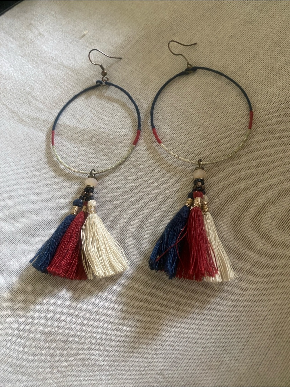 COS Red, Navy & Cream Tassel Hoop Earrings